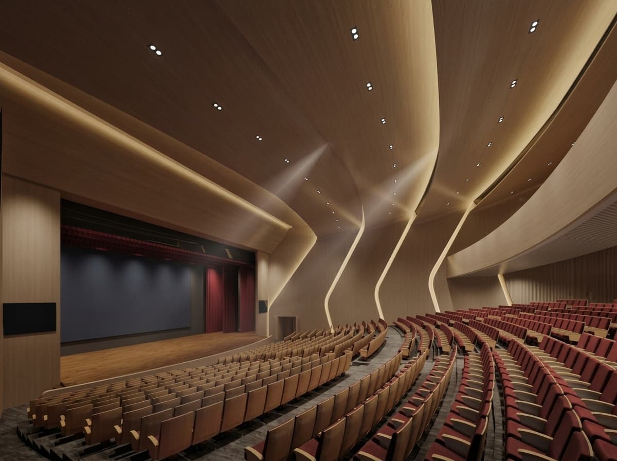 Design rendering of the multi-functional auditorium with tiered seating and warm acoustic wall geometry