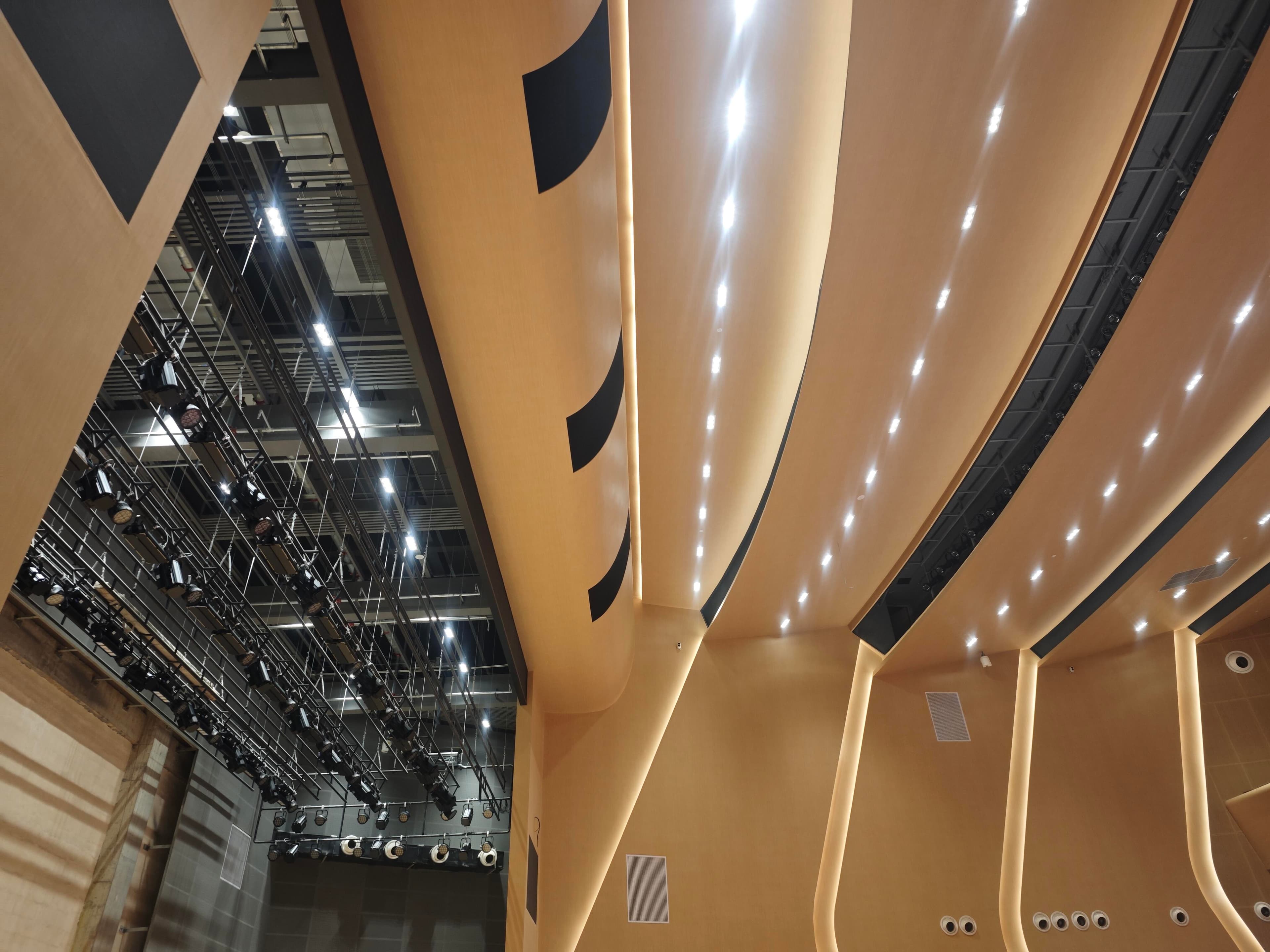 Auditorium ceiling with curved aluminum panels, linear downlights, and exposed stage lighting trusses