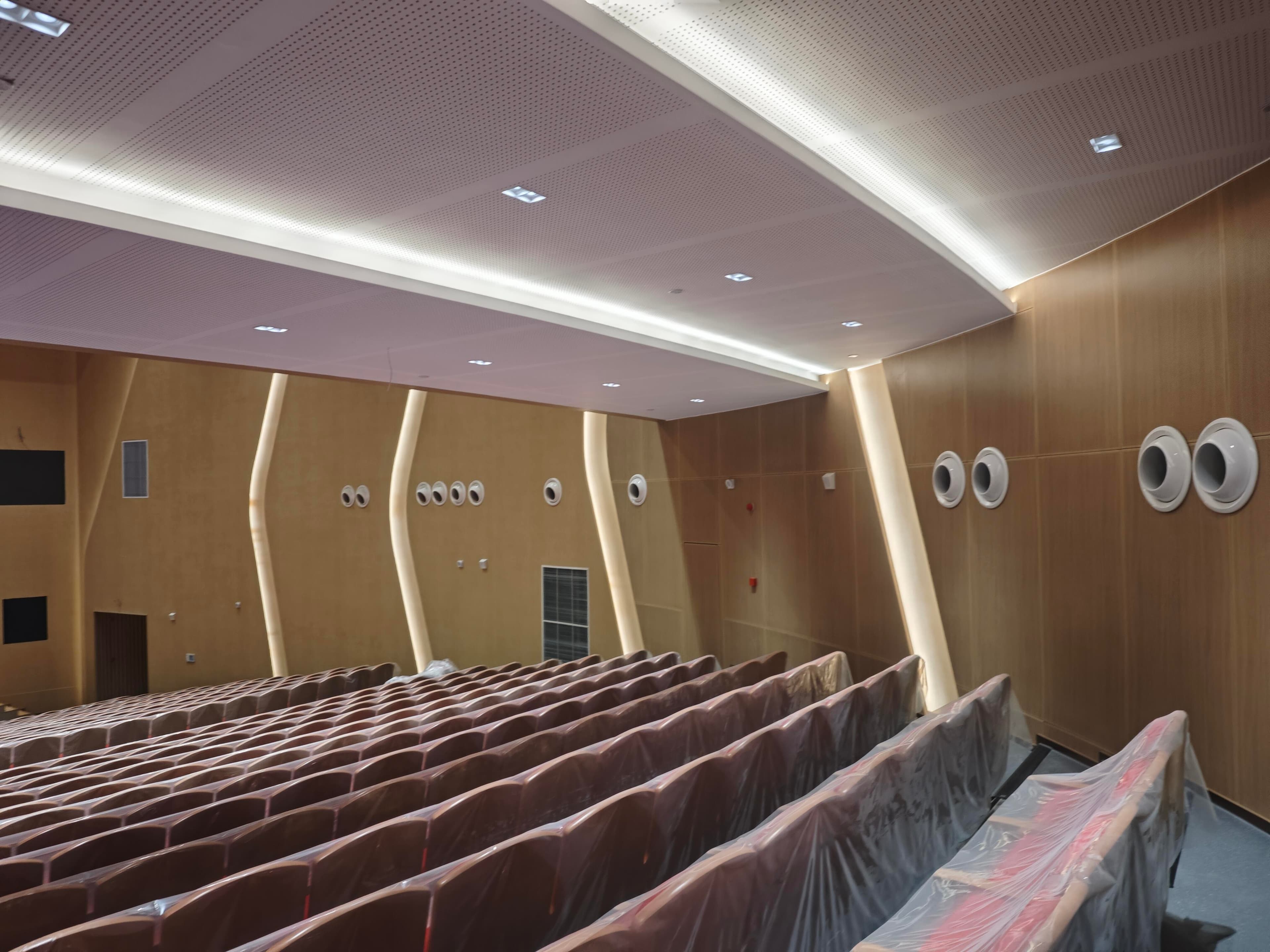 Auditorium balcony and rear wall with perforated acoustic panels and covered seating