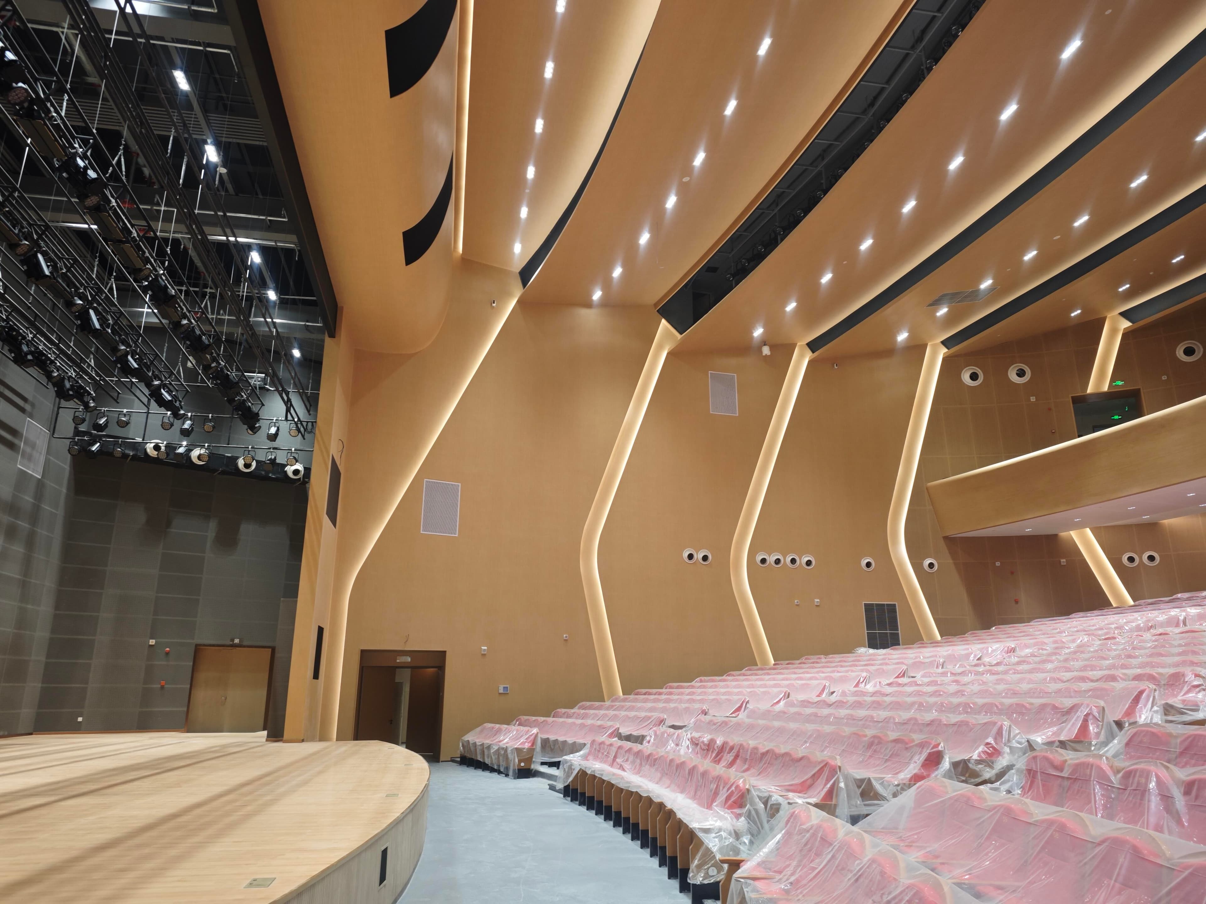 Completed auditorium side wall with folded wood-grain aluminum panels and concealed lighting