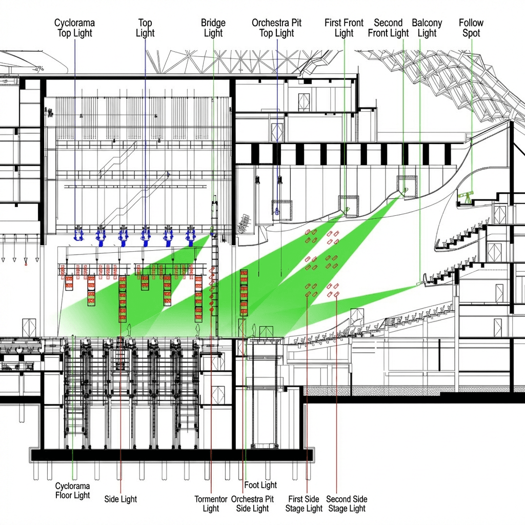 Front projection light diagram for a proscenium stage