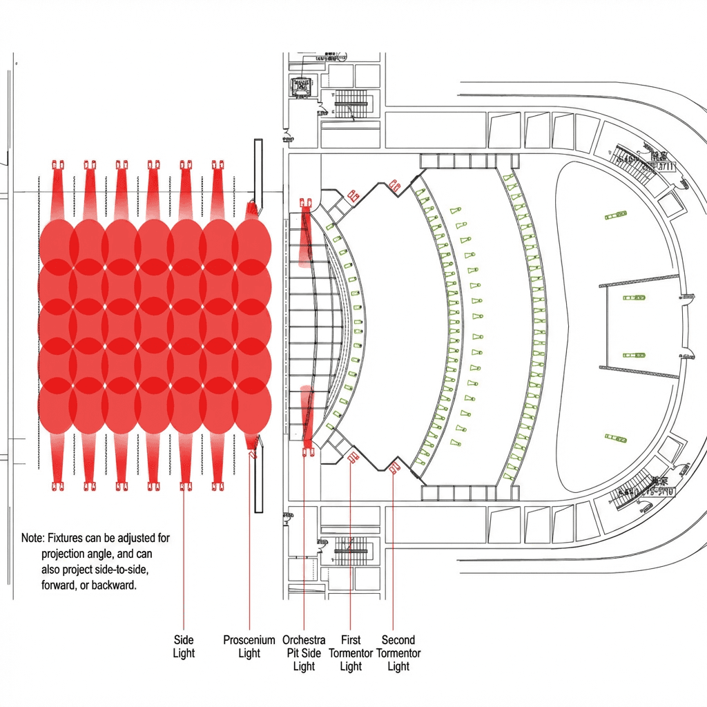 Side projection light diagram for a proscenium stage