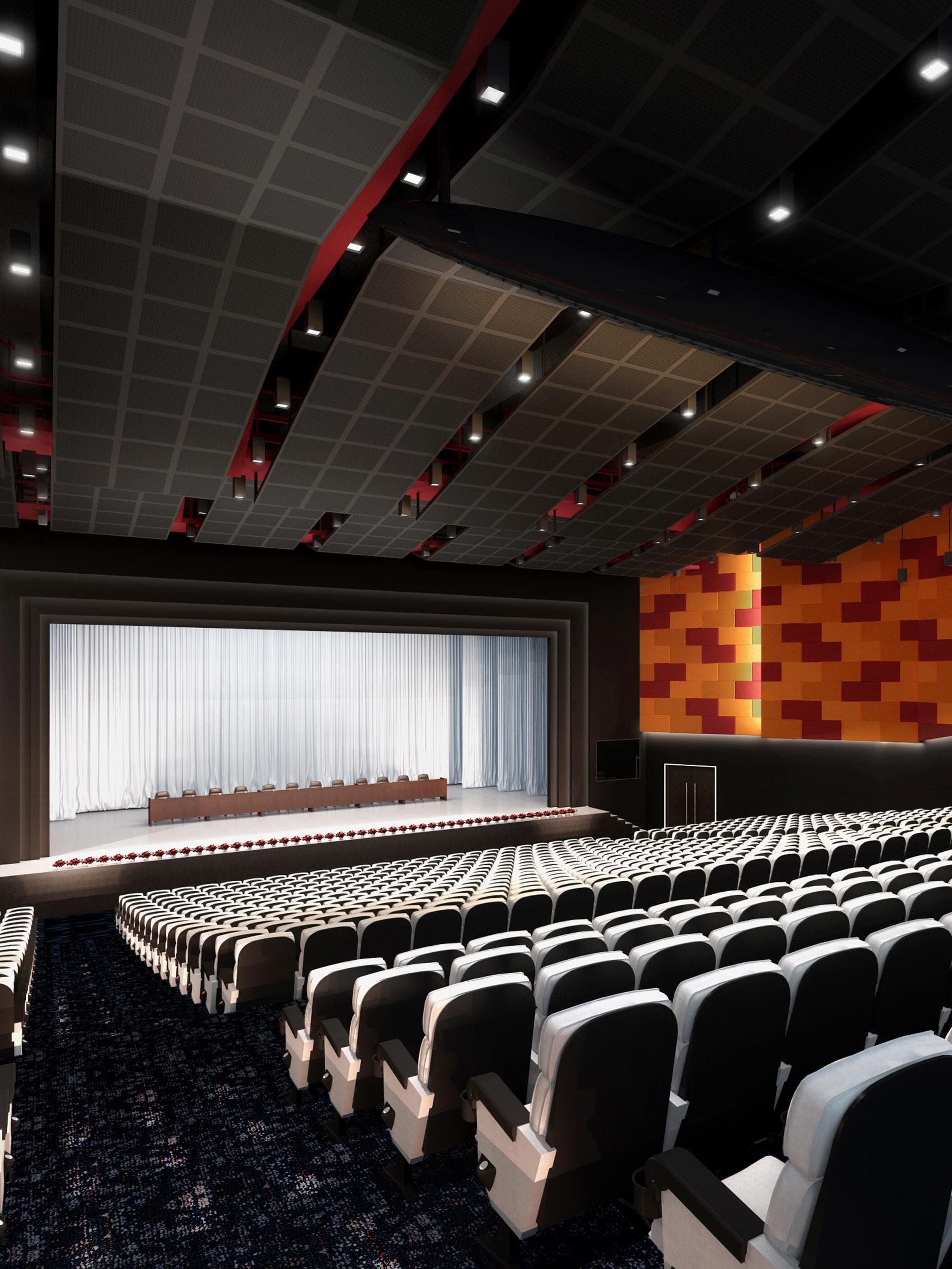 Effect rendering of the auditorium ceiling reflector field and side wall acoustic panels