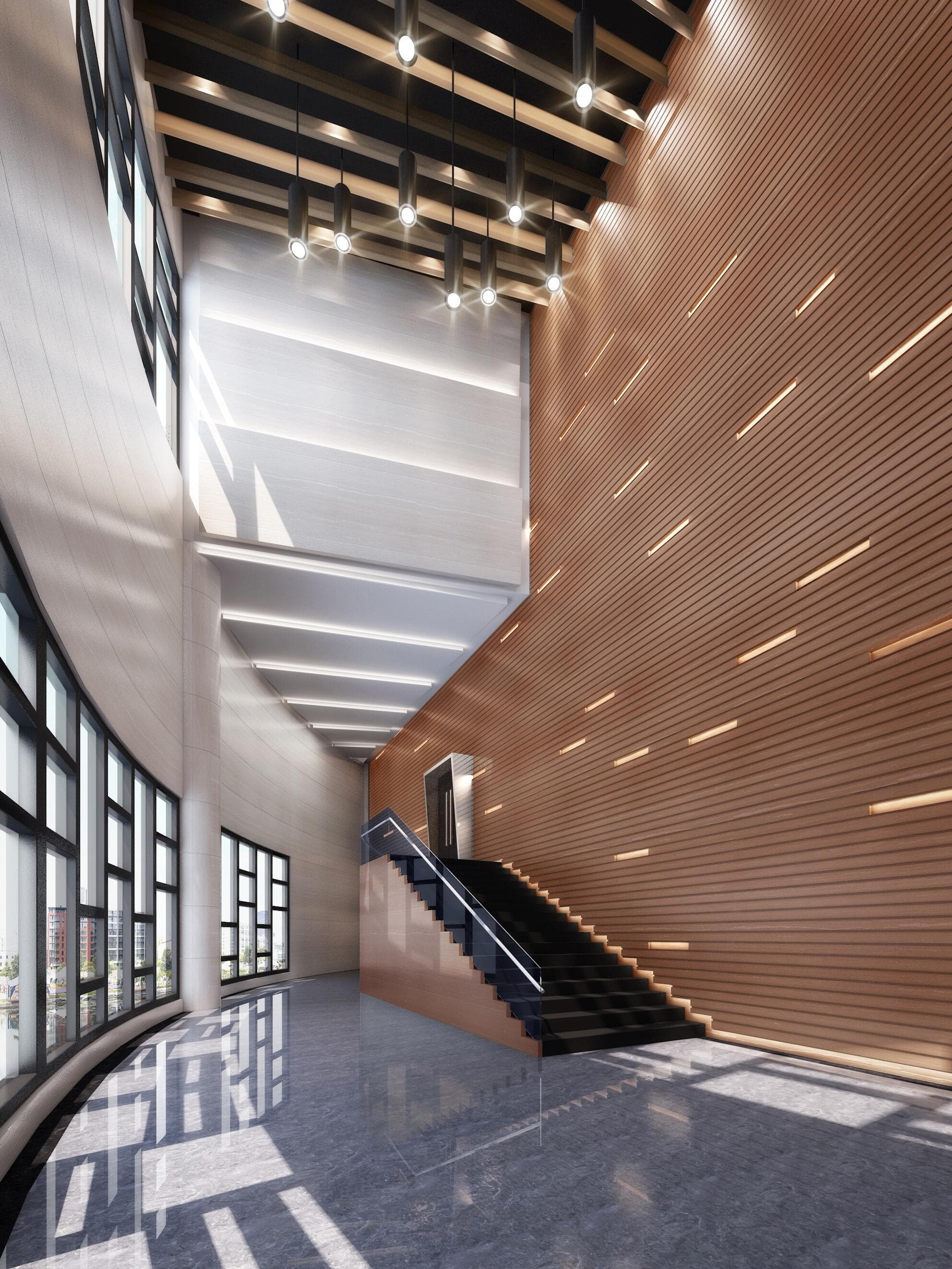 Effect rendering of the atrium-side circulation space with timber-textured wall treatment and stair access
