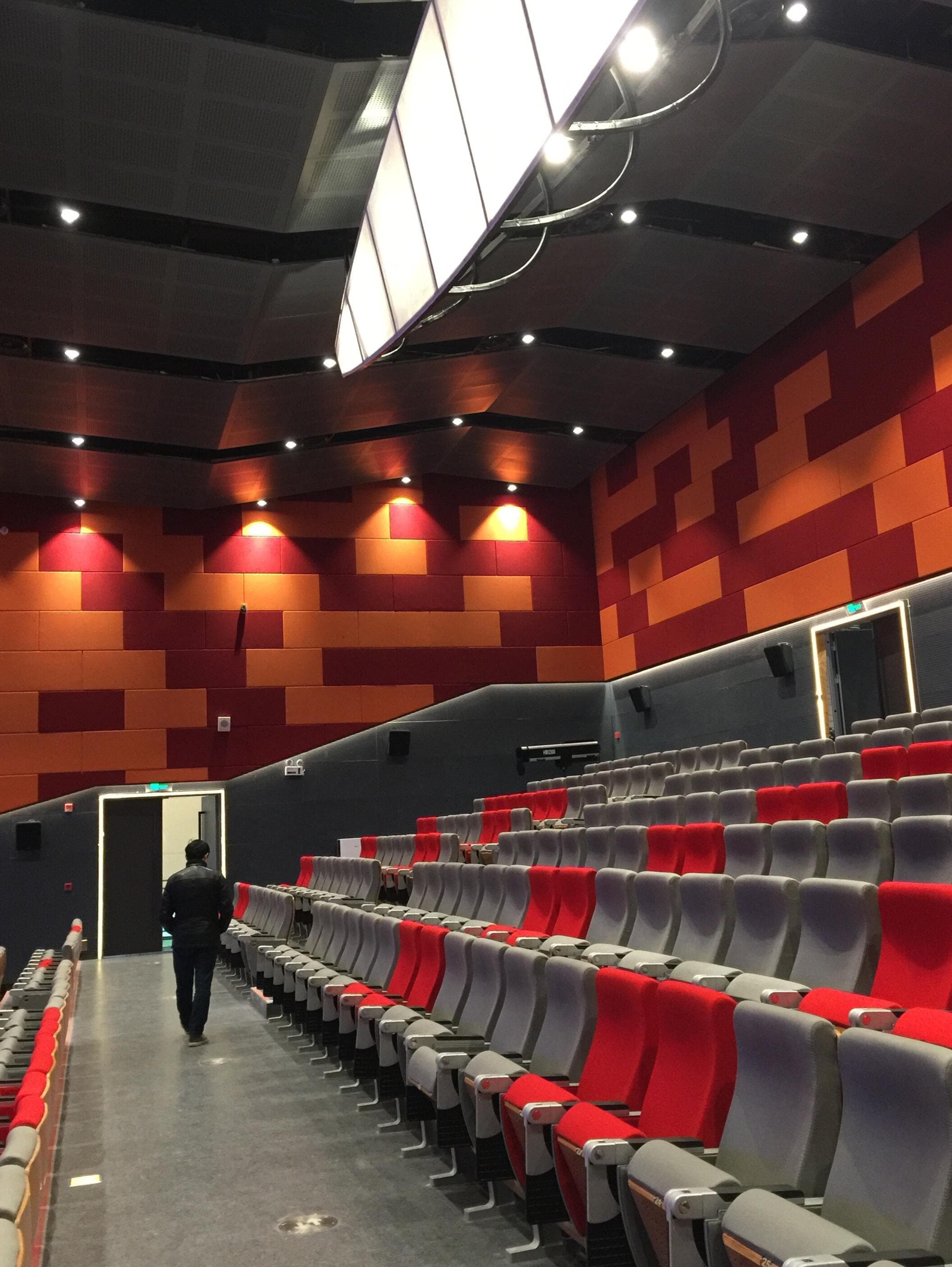 Completed auditorium seating rake beneath faceted ceiling panels and modular wall absorbers