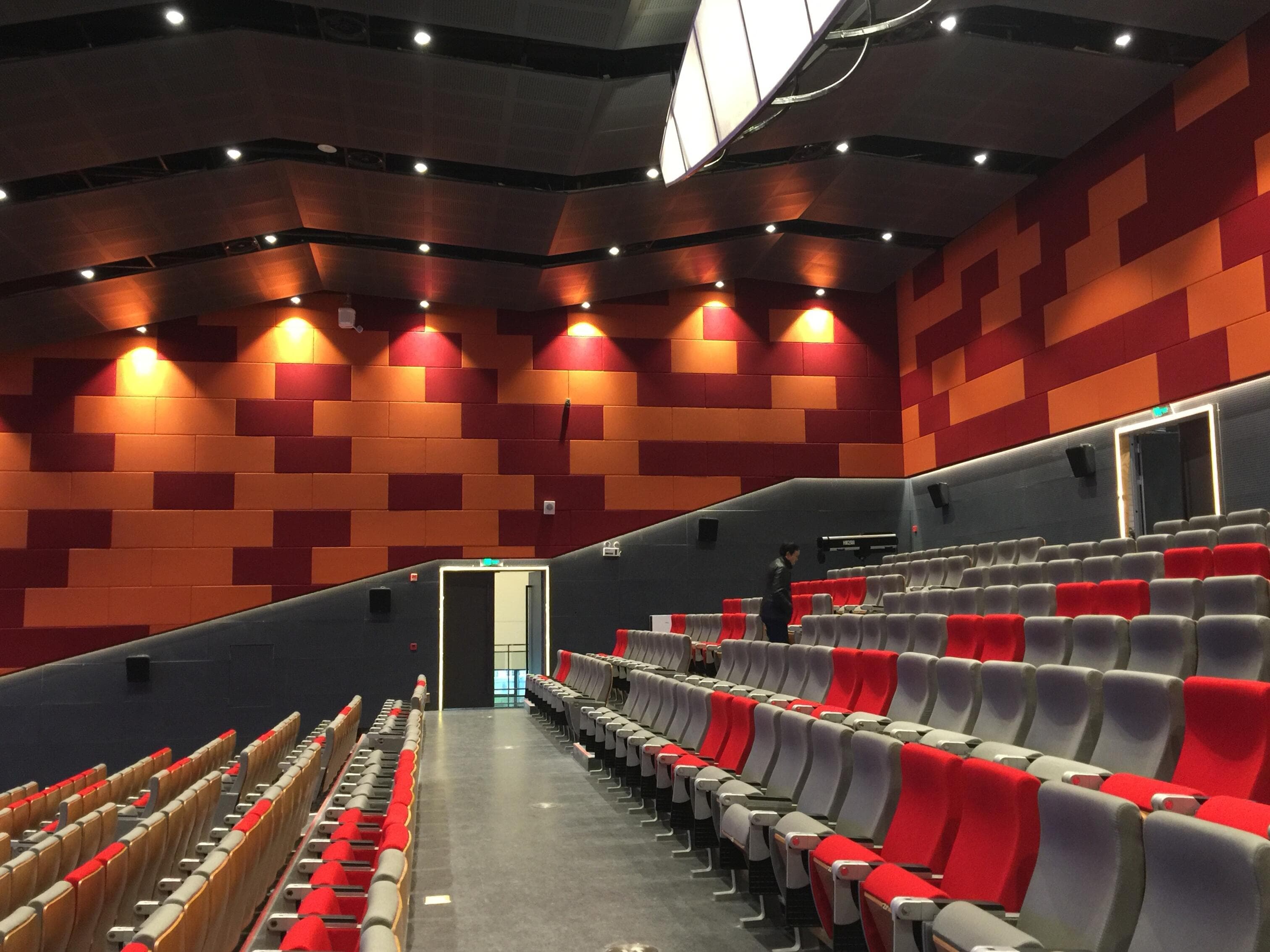 Completed auditorium side wall with acoustic soft packs and lower perforated panels