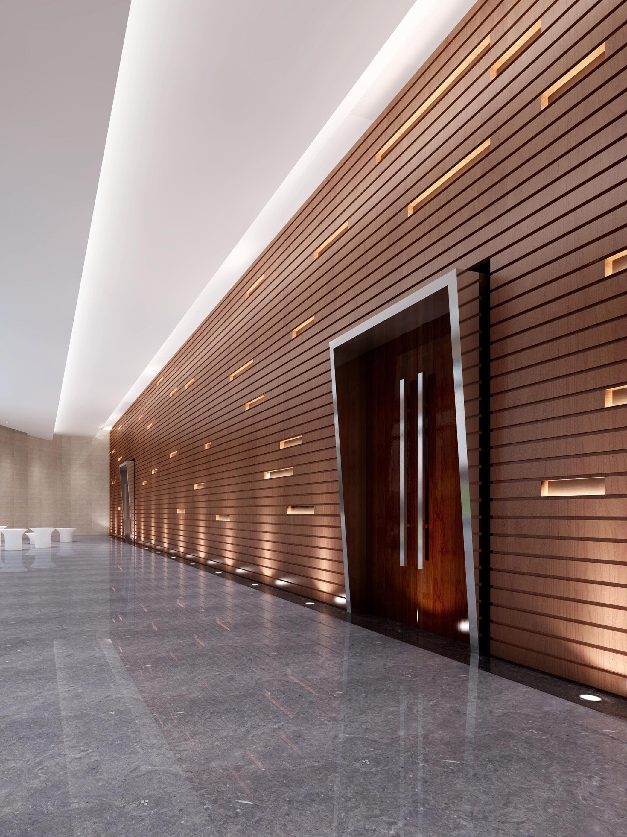 Effect rendering of the entrance foyer with linear wall cladding and integrated lighting