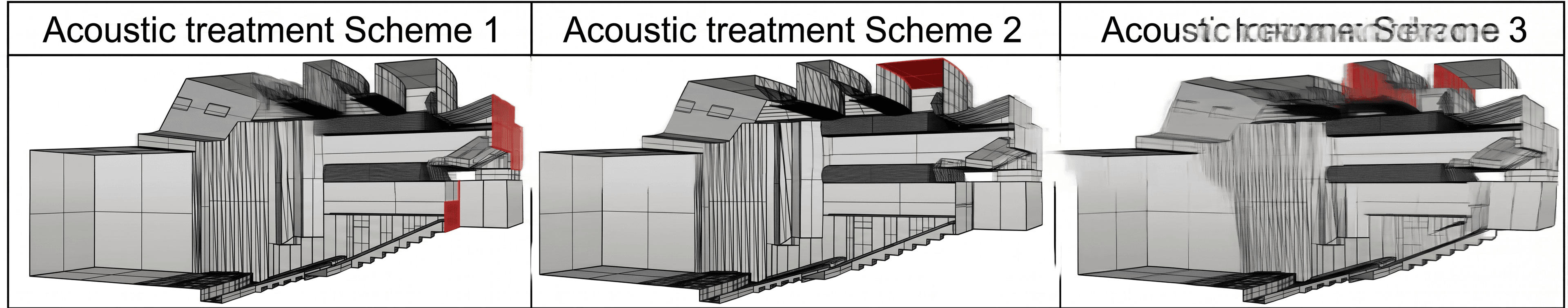 Three schemes for the layout of absorbent materials in the auditorium