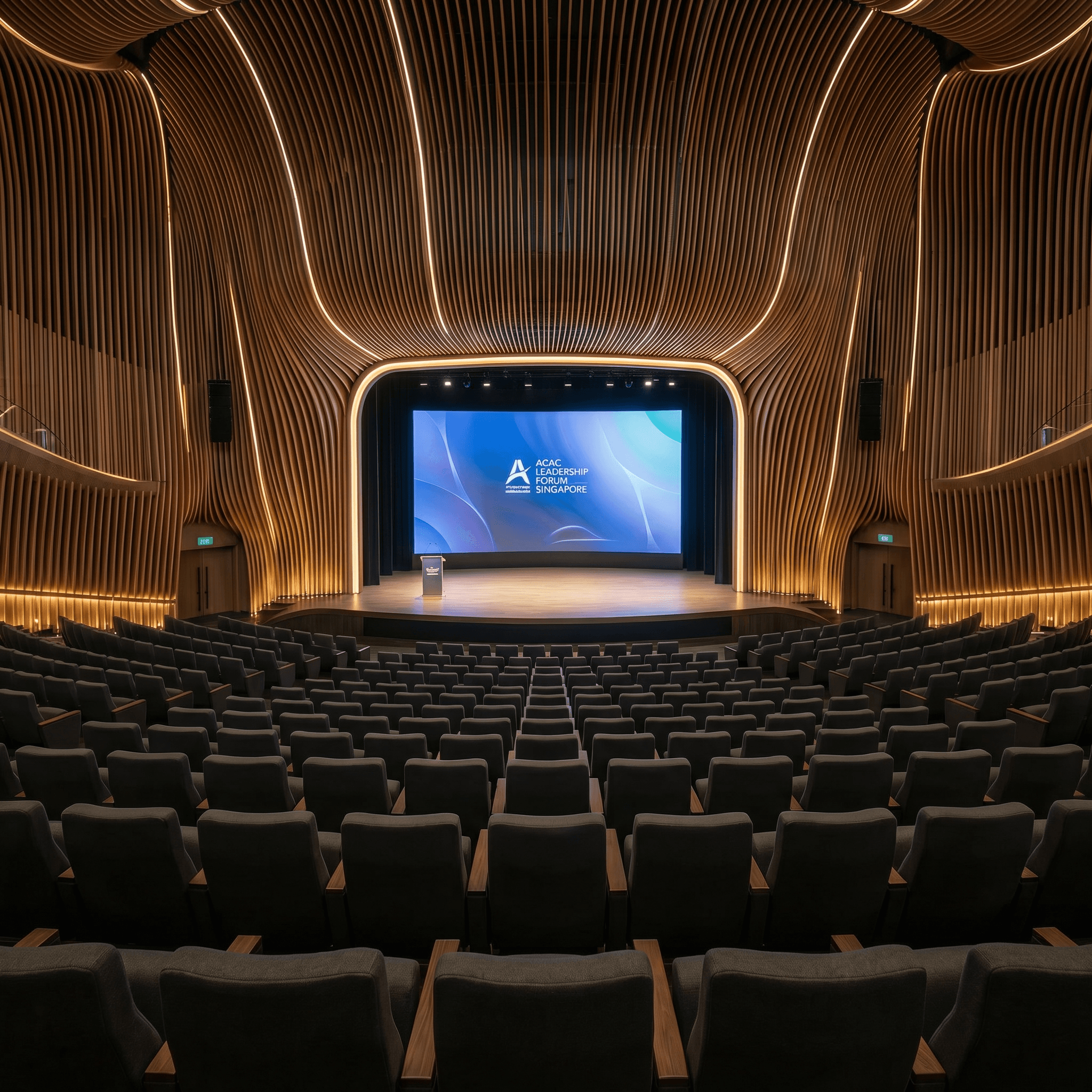 Central Auditorium view toward the stage and LED wall with integrated architectural acoustics