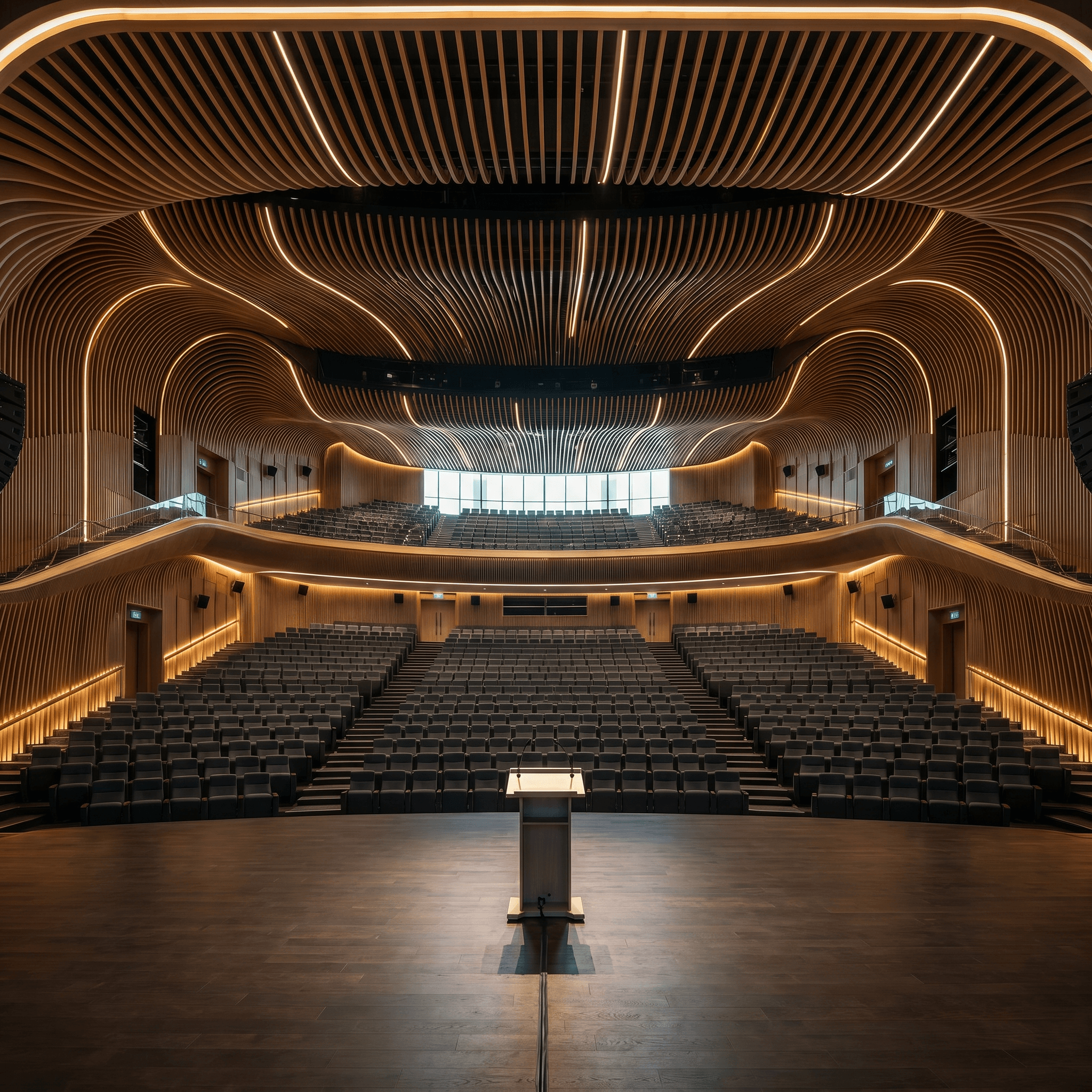 Central Auditorium interior showing the sweeping parametric timber envelope and tiered seating
