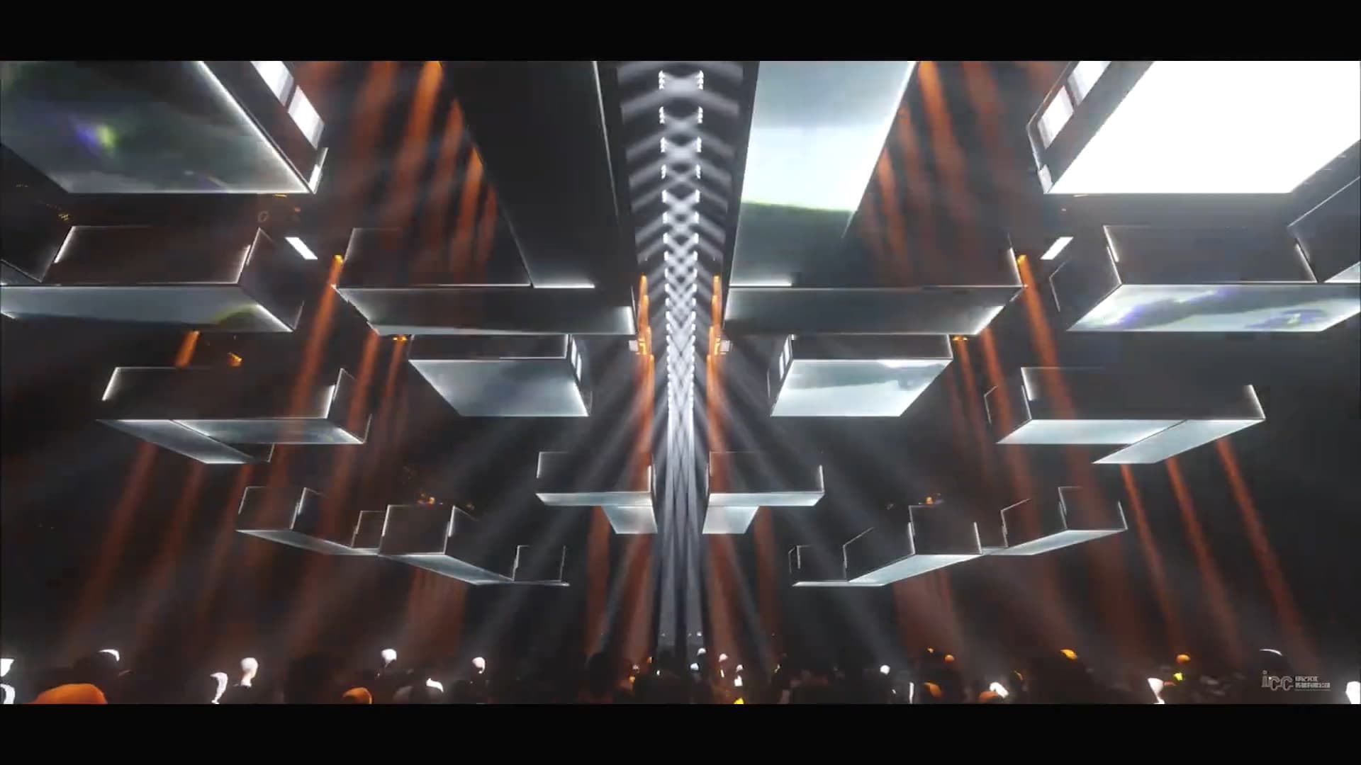 Atlantis Club geometric ceiling modules lit in white and amber tones