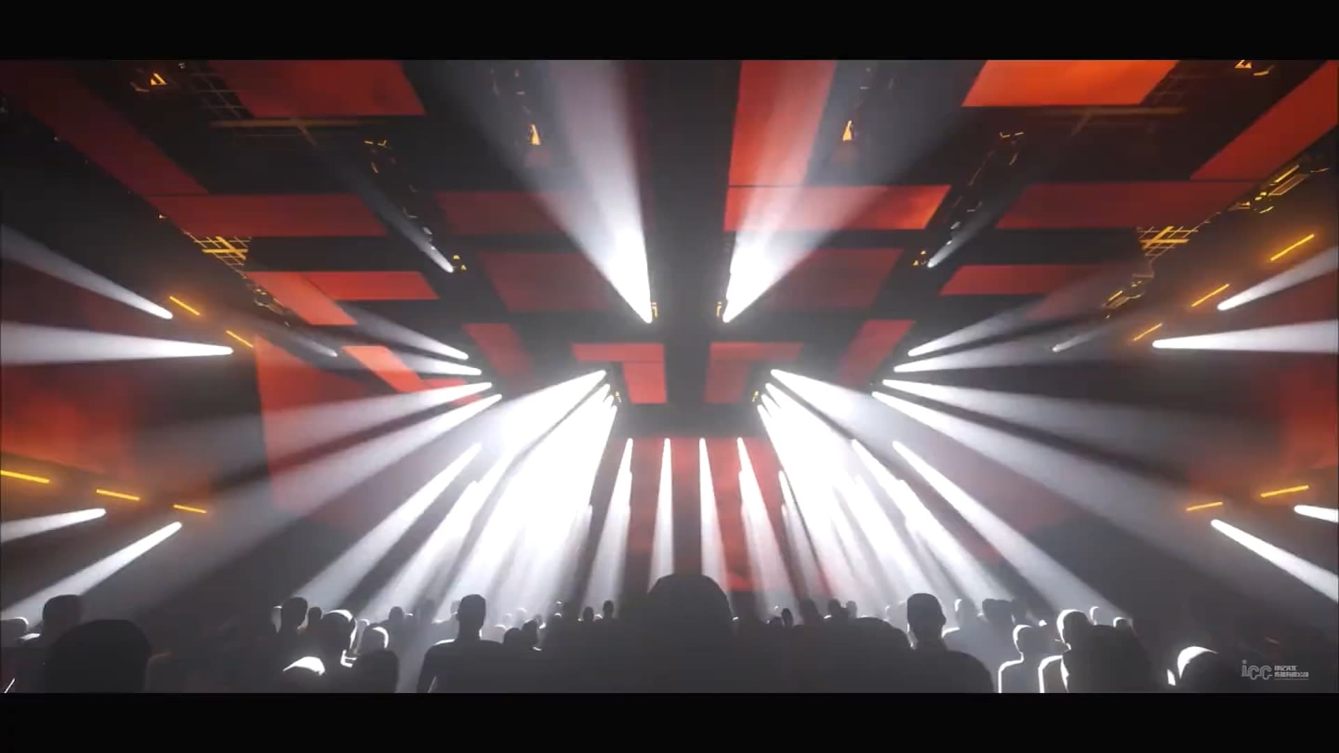 Atlantis Club bright white beam array and red geometric ceiling panels