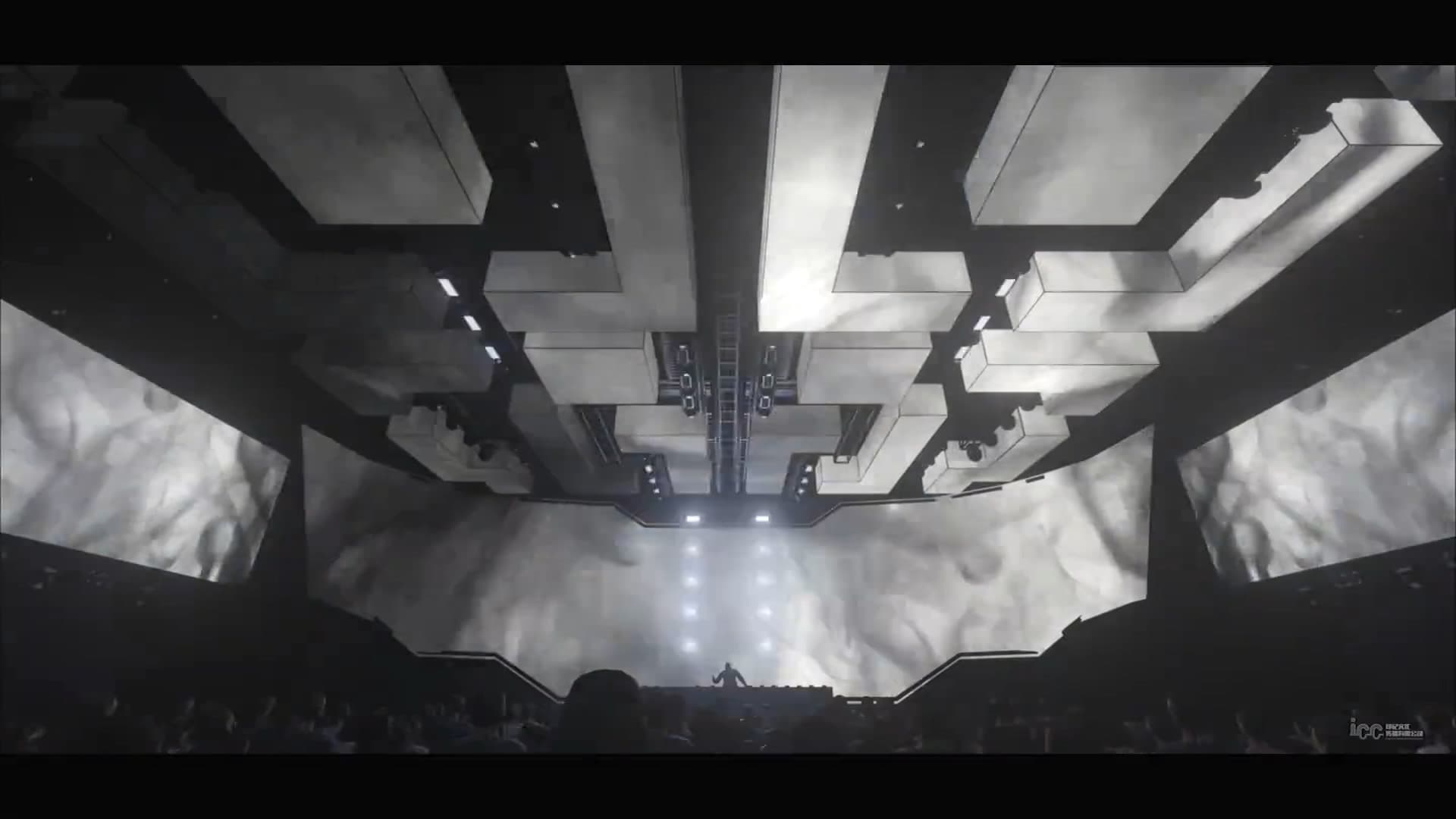 Atlantis Club monochrome view of ceiling geometry and lighting matrix