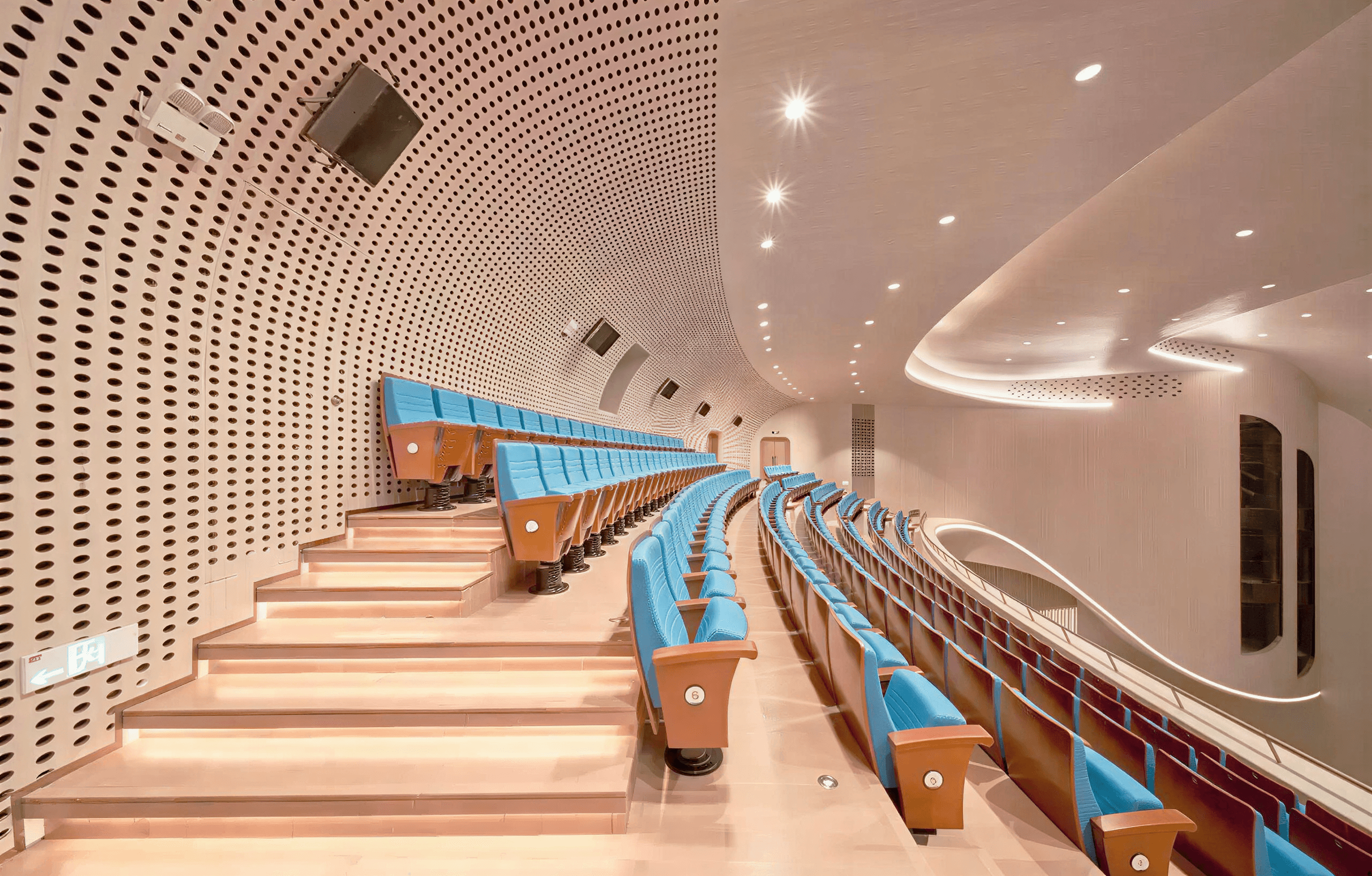 Grand Theater interior showing the custom wave envelope and material integration