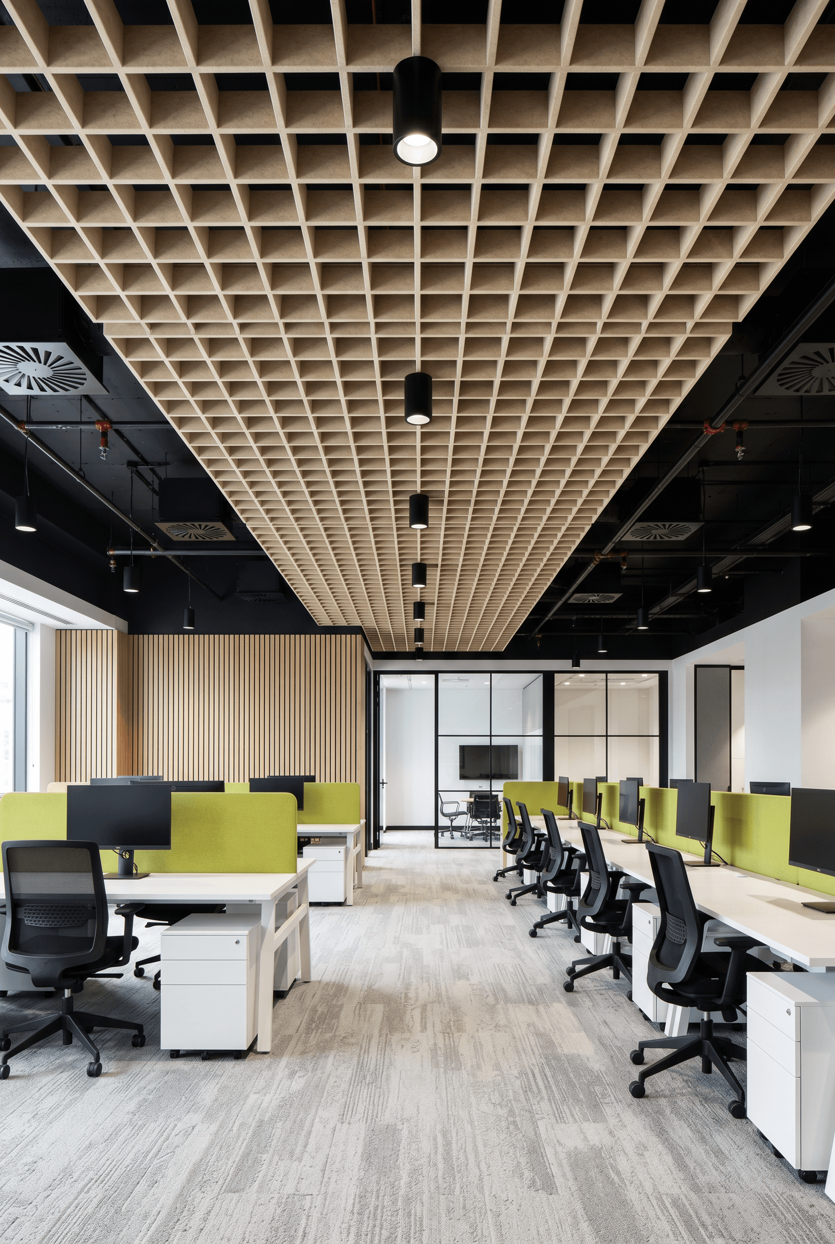 Alternate perspective of the corporate office showing workstation density and ceiling acoustics