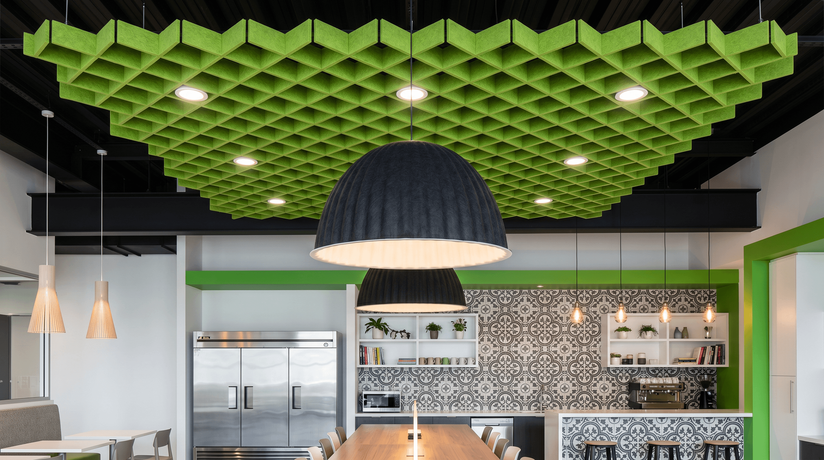 Pantry or informal collaboration area with localized acoustic ceiling treatment