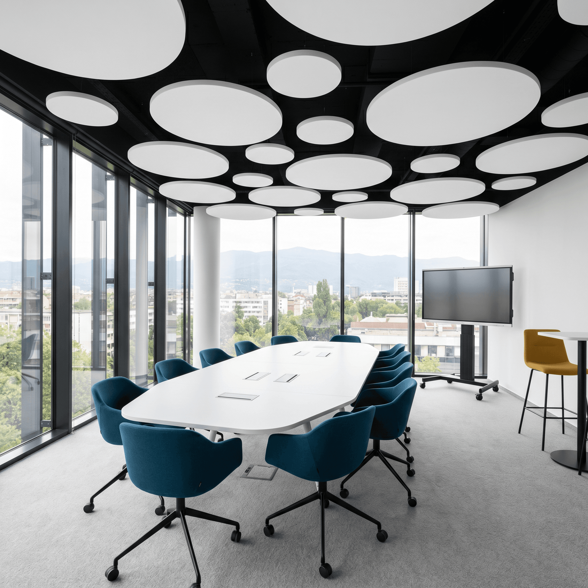 Glass meeting room with suspended acoustic clouds