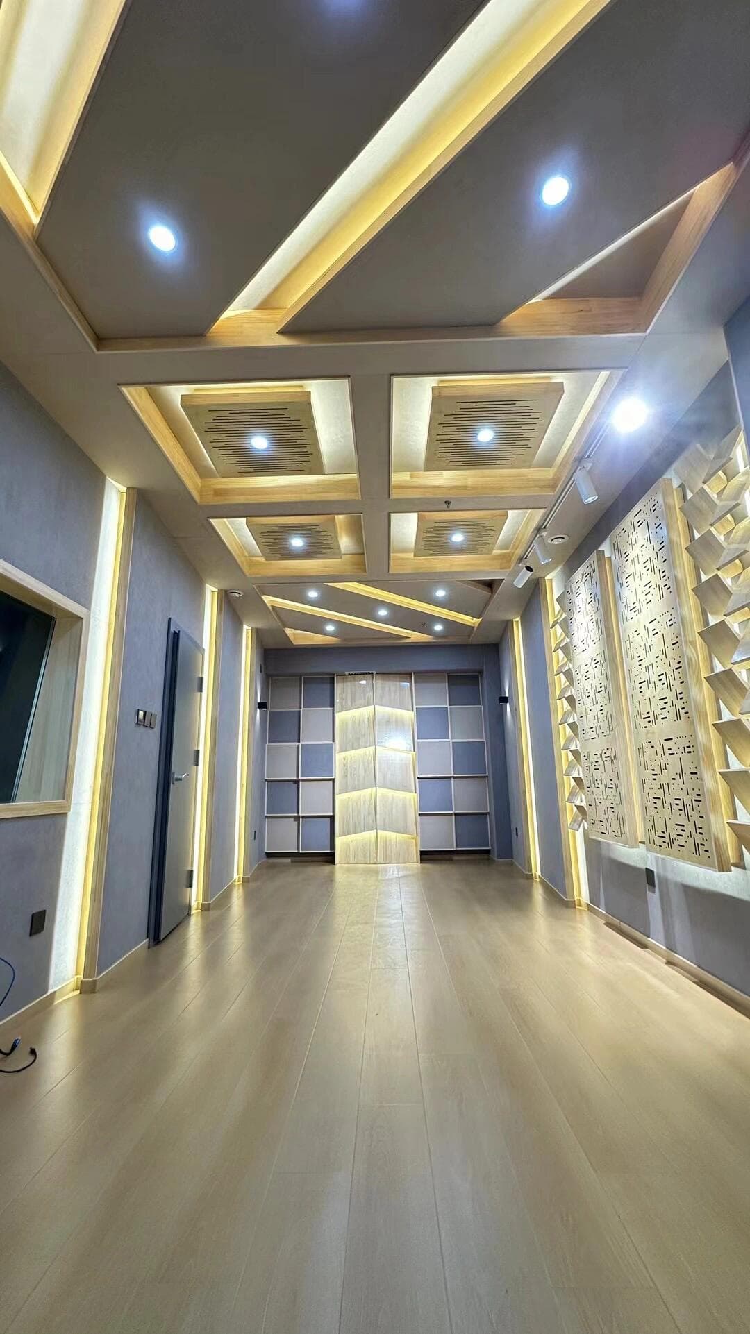 Opposite long view of recording room with slotted panels, diffuser arrays, and rear acoustic matrix wall