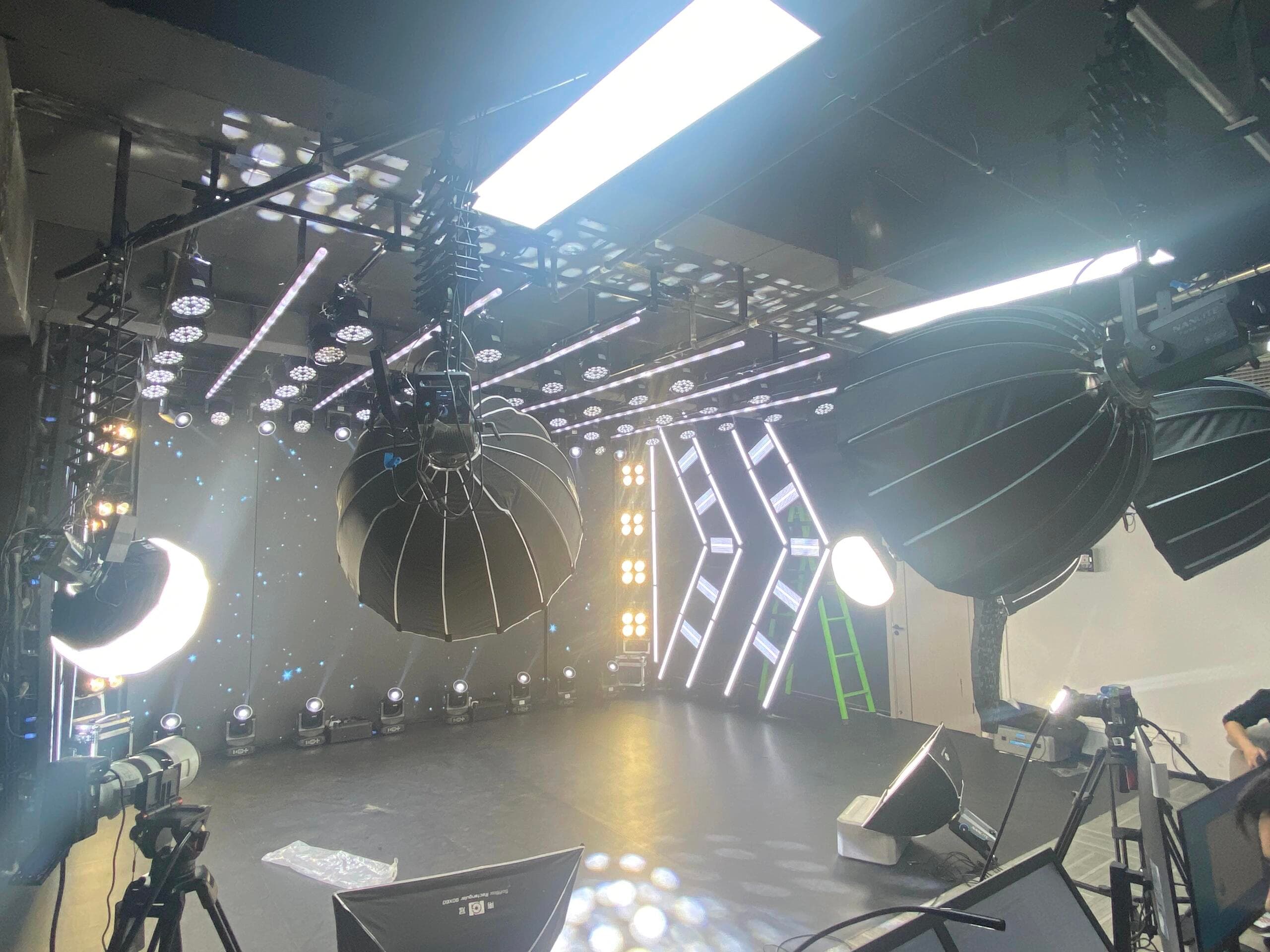 Broadcast studio ceiling lighting grid and professional softbox deployment