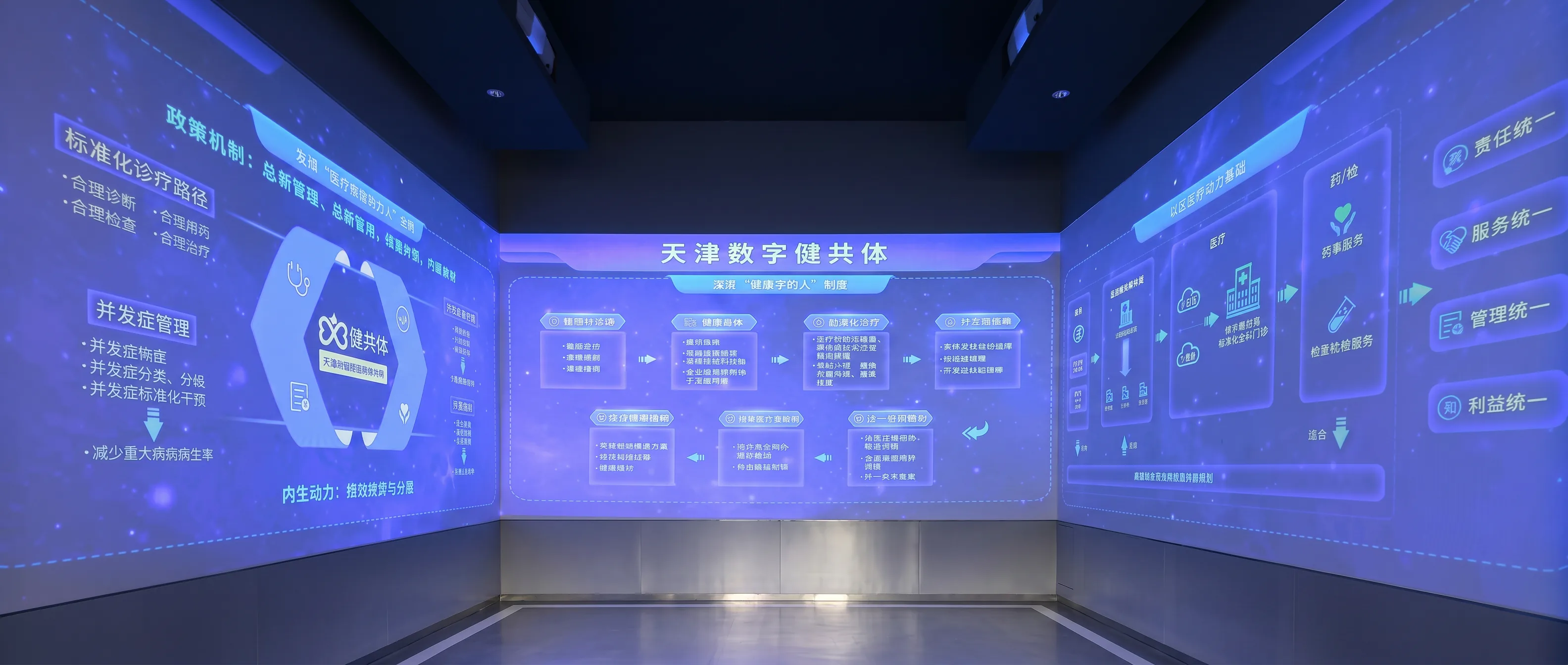 Three-sided panoramic data cabin with multi-channel projection blending displaying dense healthcare business logic